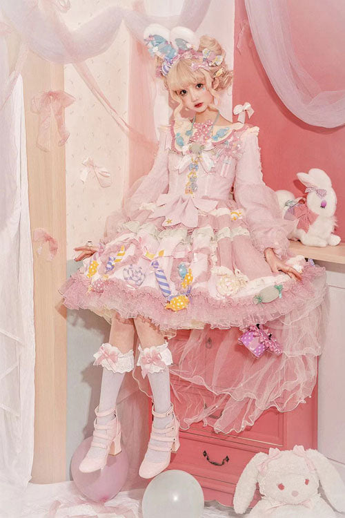 Pink Candy Party Lace Long Sleeves Bowknot Multi-Layer Ruffled Sweet Lolita JSK Dress