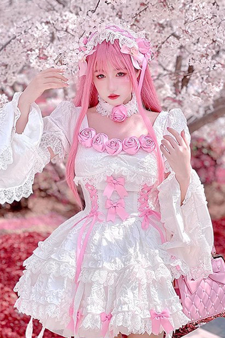 White/Pink Puff Short Sleeves Princess Gothic Lolita Tiered Dress