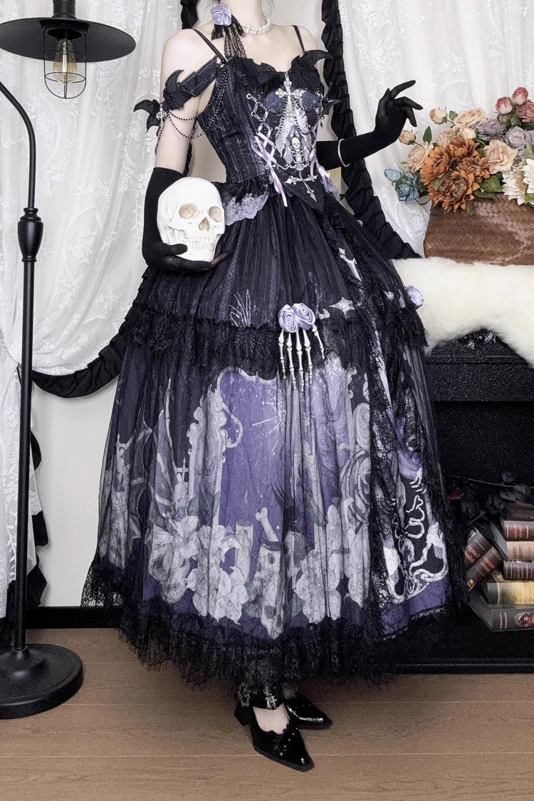 Black/Blue Skull Magic Print Ruffle Bowknot Gothic Elegant Lolita Skirt Two-Piece Set