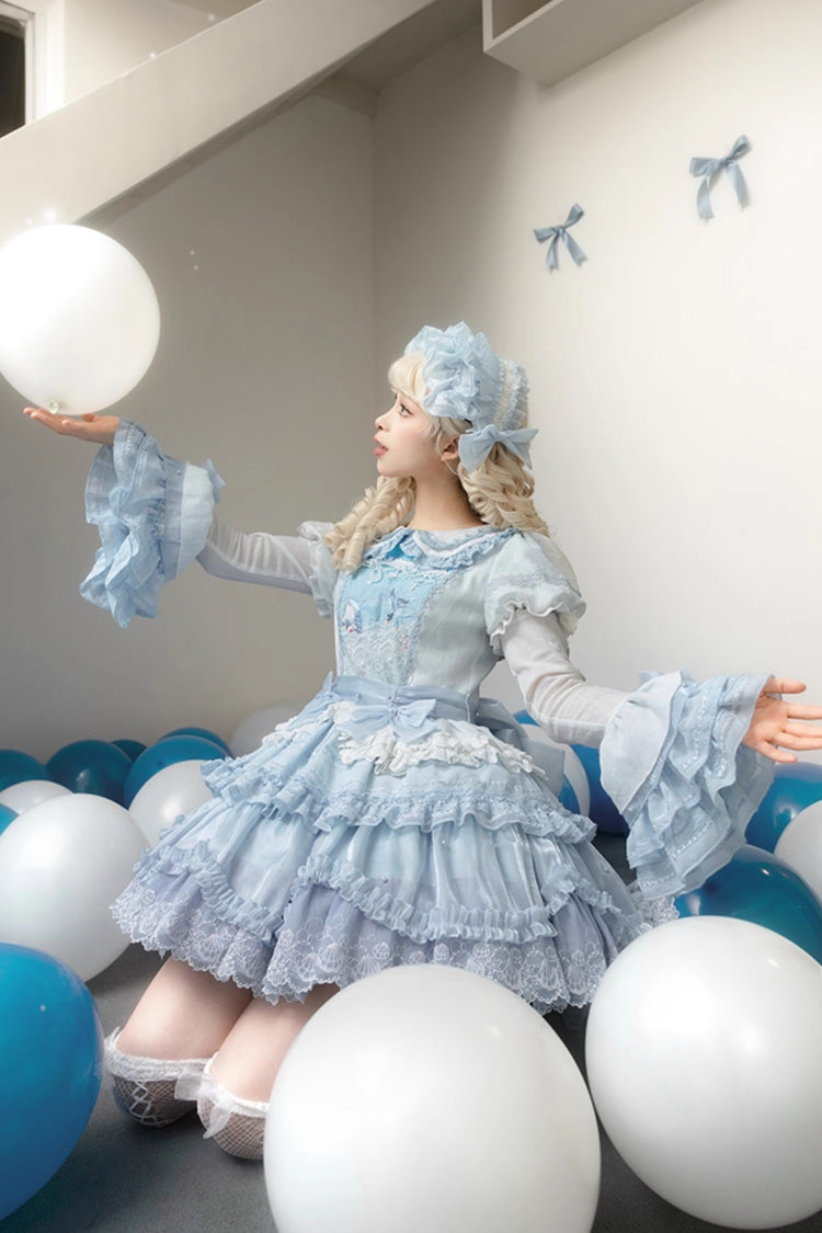 Blue Whale Lapel Collar Short Sleeves Triple-Layered Ruffle Embroidery Sweet Lolita Dress