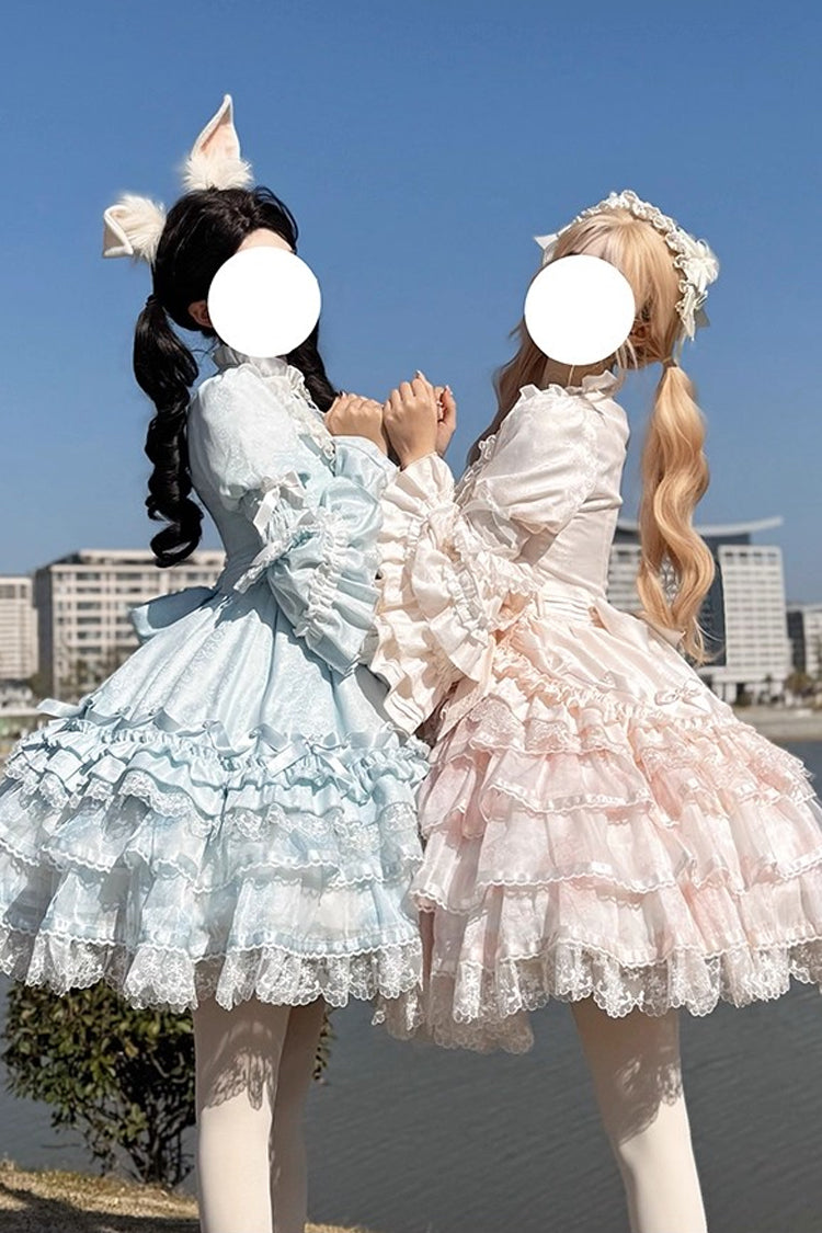 Pink The Soloist Doll Long Hime Sleeves Multi-Layered Print Ruffle Bowknot Asymmetric Sweet Lolita Dress