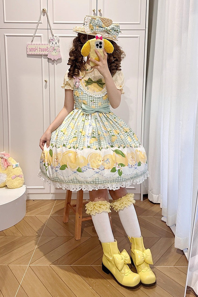 Green Lemon Chicken Print Ruffle Bowknot Lace Sweet Lolita Jsk Dress