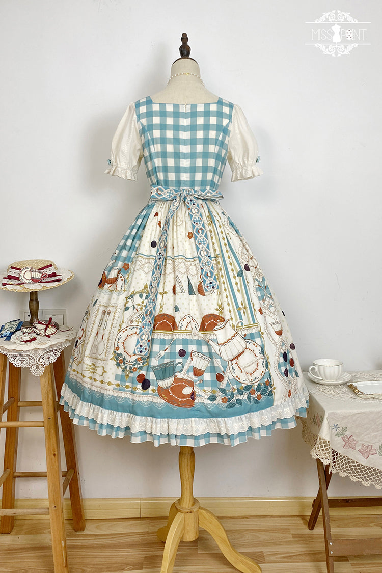 Blue/Green Tea Party Short Sleeves Print Ruffle Bowknot Lace Sweet Elegant Lolita Dress