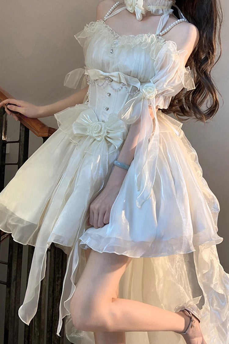 Ivory Midsummer Dream Short Sleeves Ruffle Hanayome Off-The-Shoulder Gothic Short Lolita Dress