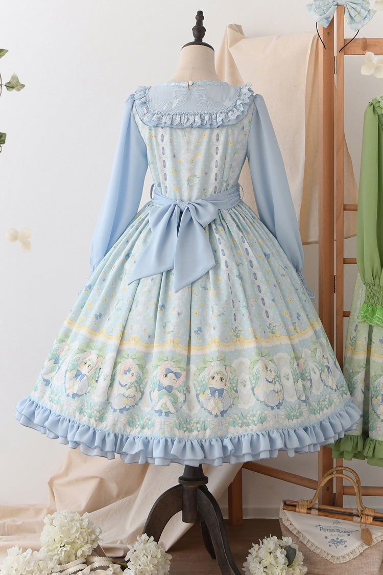 Blue Lily of the Valley Cat Print Ruffle Embroidery Bowknot Sweet Lolita Dress