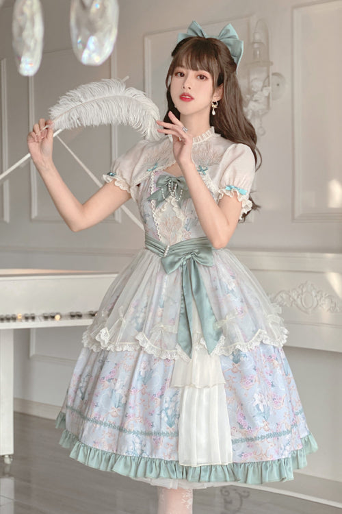 Green Flower Wall Pattern Print High Waisted Fresh And Sweet Lolita JSK Dress