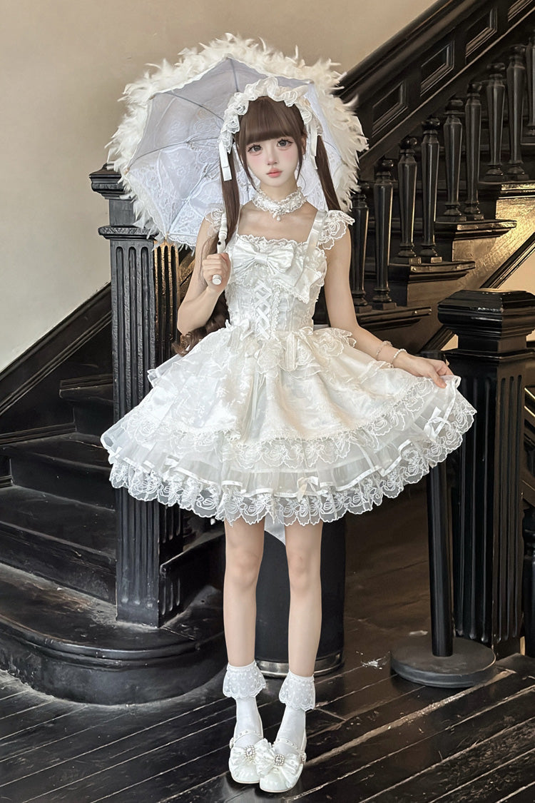 White Fleishi Island Sleeveless Ruffle Bowknot Lace Slim Sweet Ballet Lolita Jsk Dress