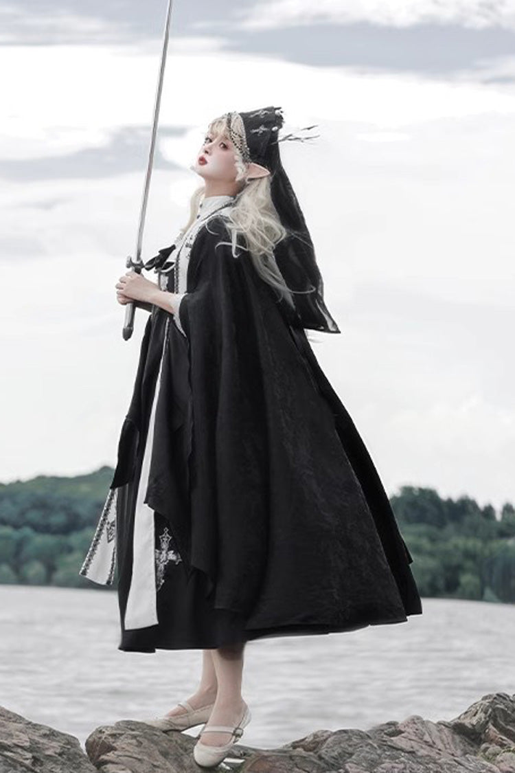 Black Cross Nun Stand Collar Off Shoulder Print Bowknot Gothic Elegant Lolita Dress