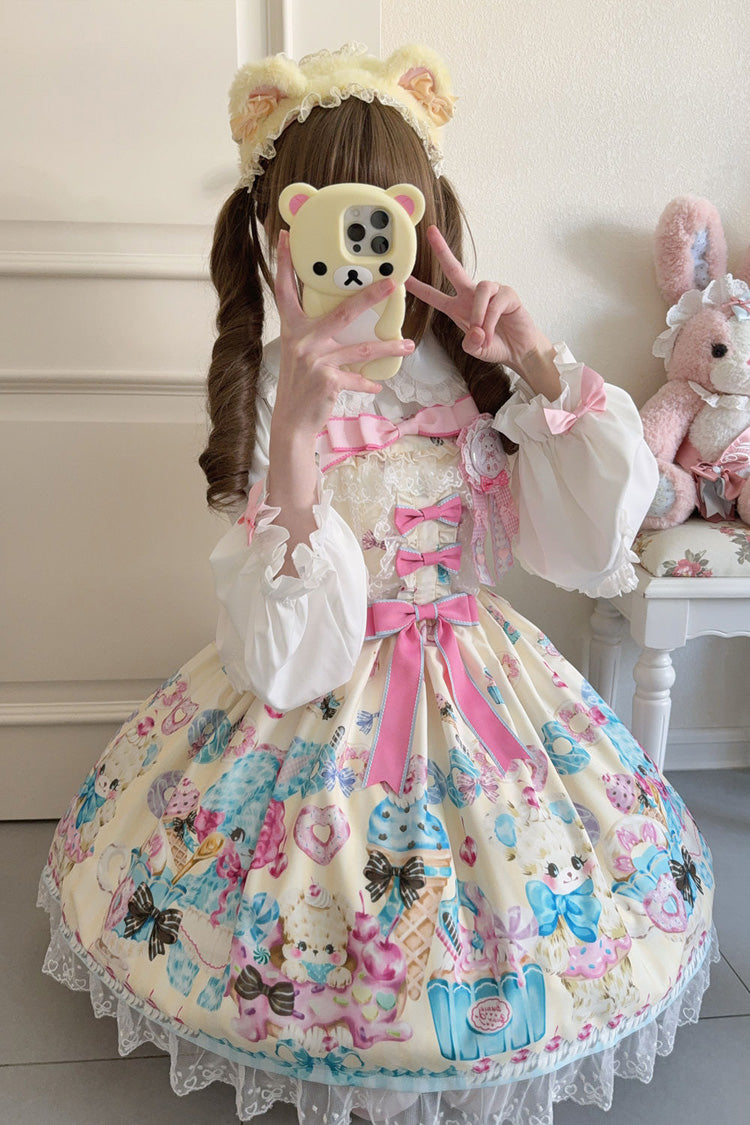 Yellow Floral Whisper Bear Print Ruffle Bowknot Lace Sweet Princess Lolita Jsk Dress