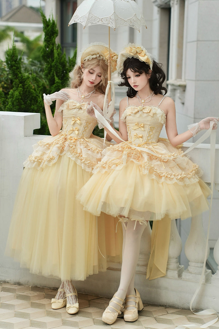 Yellow Sissi's Pilgrimage Off Shoulder Ruffle Bowknot Lace Sweet Lolita Skirt (Short Version)