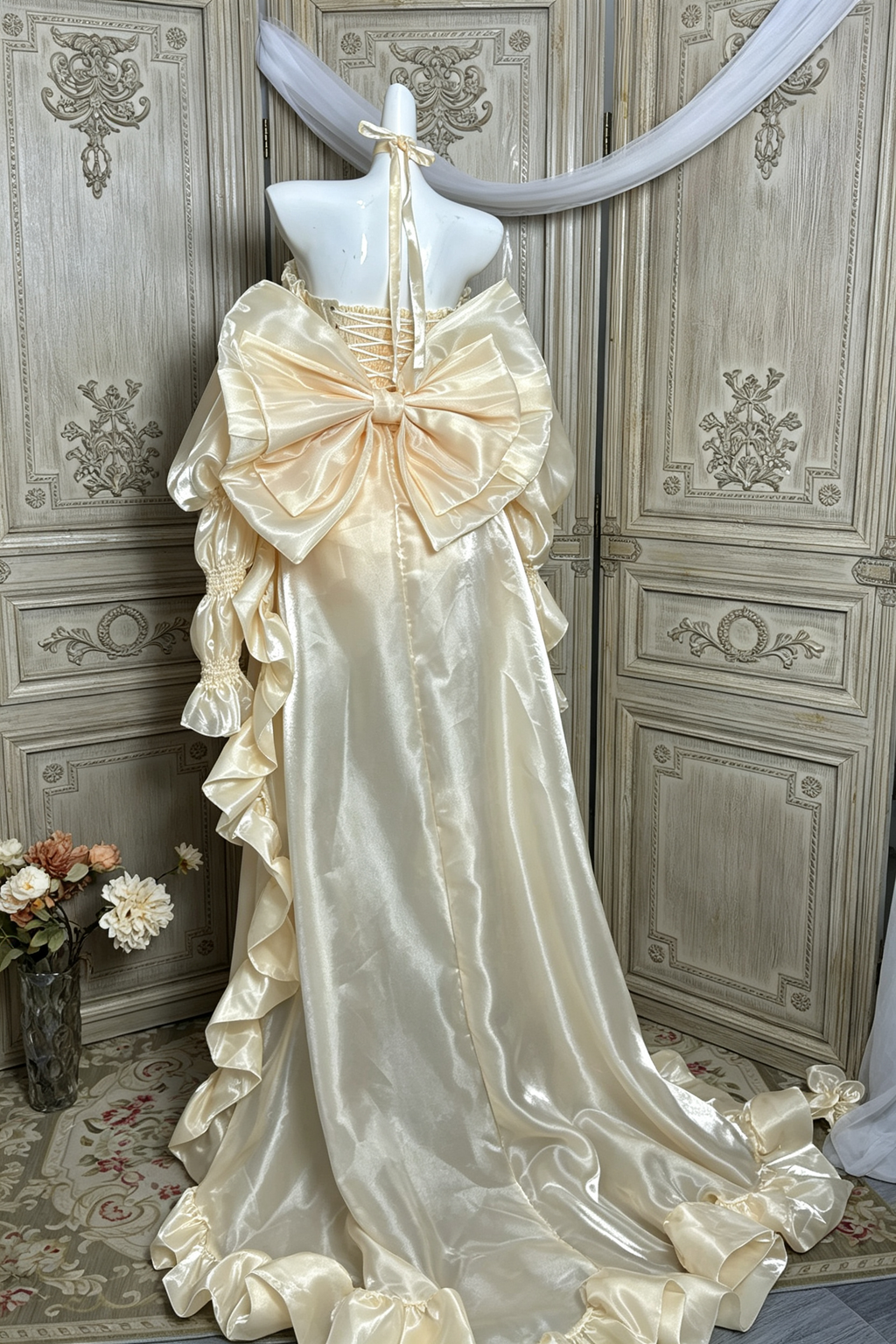 Cream Gold Long Sleeve Ruffled High-Low Train Bowknot Sweet Princess Hime Lolita JSK Dress