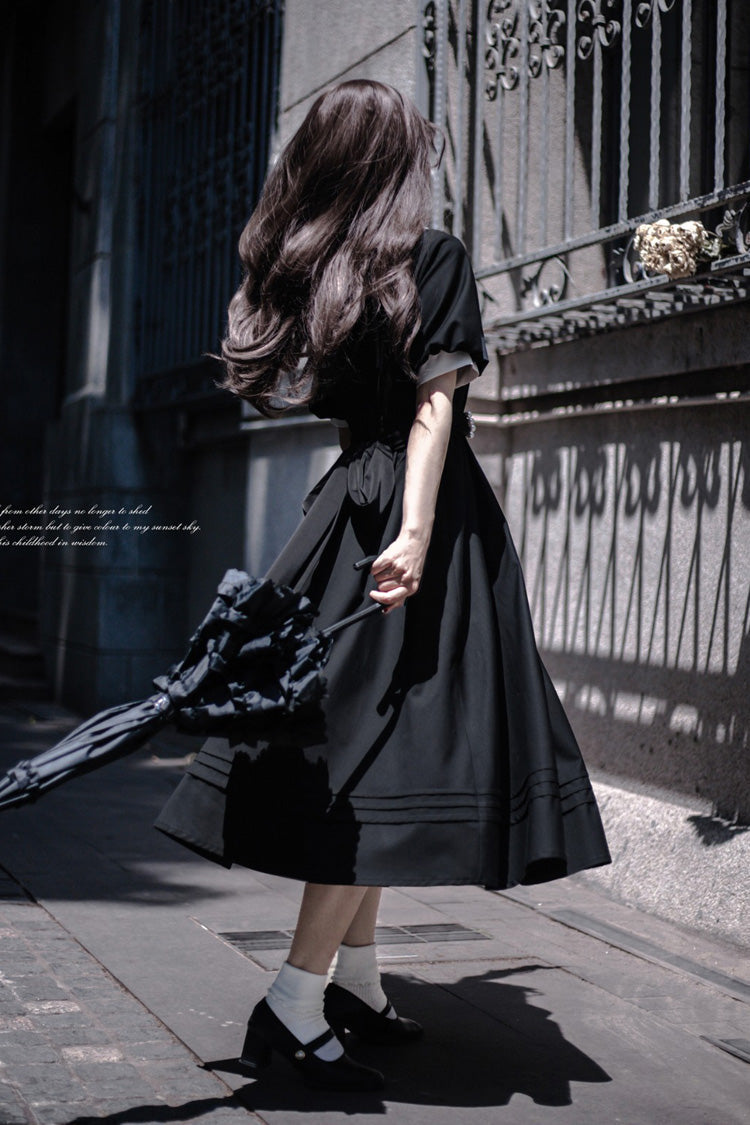 Black Random Thoughts Square Collar Short Sleeves Ruffle Classic Vintage Elegant Lolita Dress