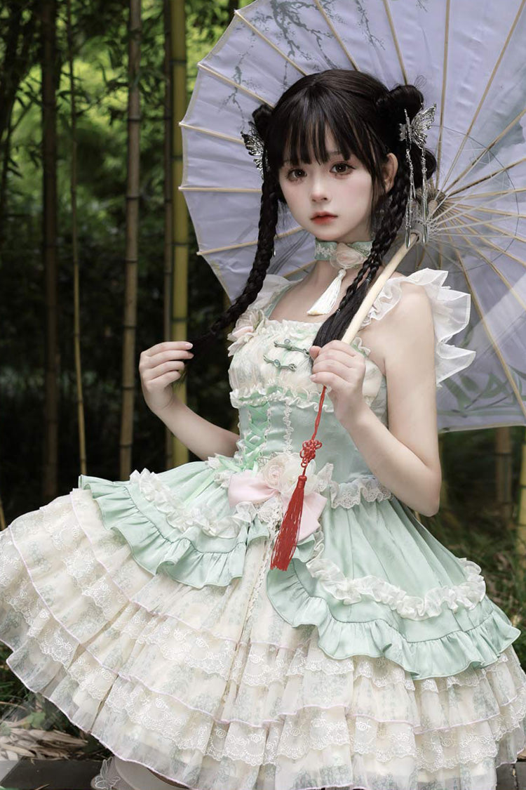 Ancient Poetry Print Multi-layer Ruffle Bowknot Lace Sweet Chinese Style Lolita Tiered Dress 2 Colors
