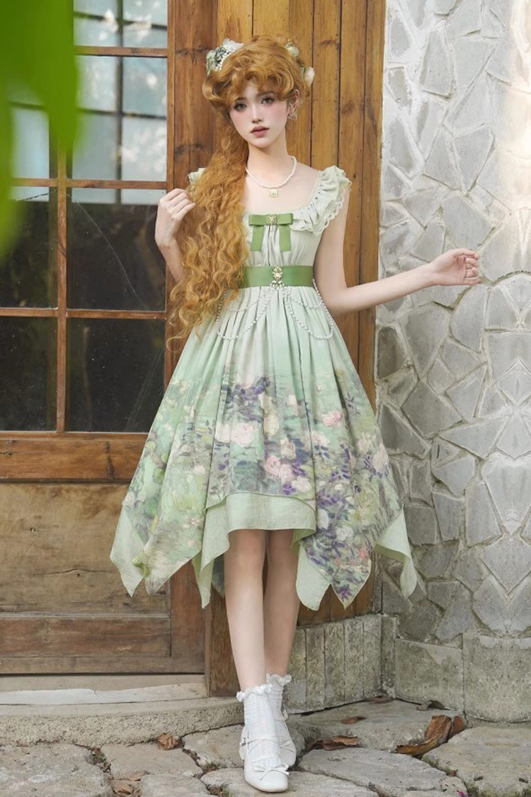 Green Blooming Roses Print Oil Painting Chiffon Ruffle Bowknot Irregular Sweet Lolita Jsk Dress