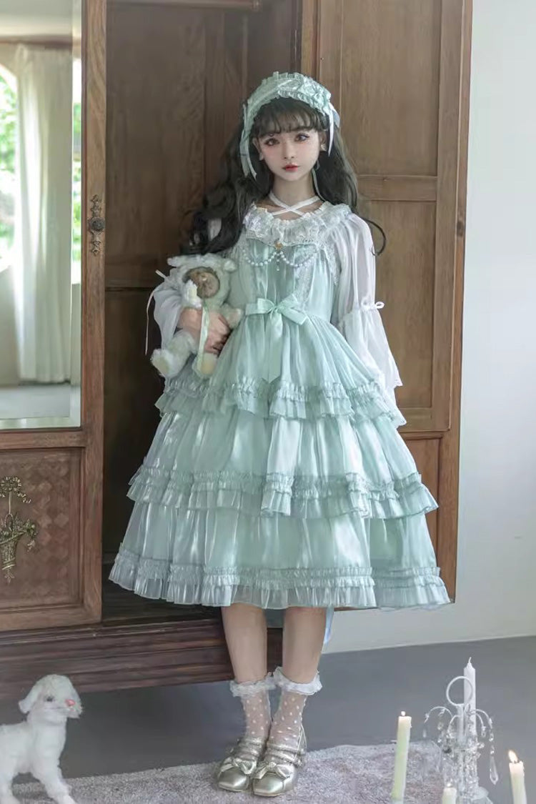 Green Starry Gauze Love Song Three-Tiered Ruffle Bowknot Sweet Lolita Tiered JSK Dress