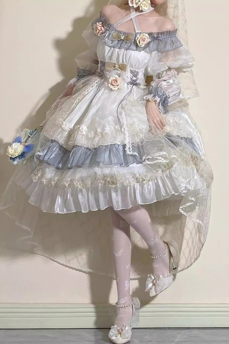 Grey/Blue Spring of Boliya Long Sleeves Multi-Layered Ruffle Bowknot Lace Lace-Up Sweet Princess Lolita Dress