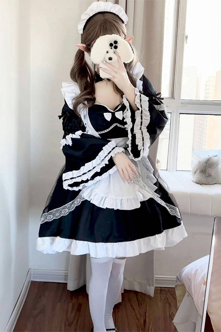 Black/White Maid Long Hime Sleeves Ruffle Bowknot Sweet Plus Size Lolita Dress Full Set