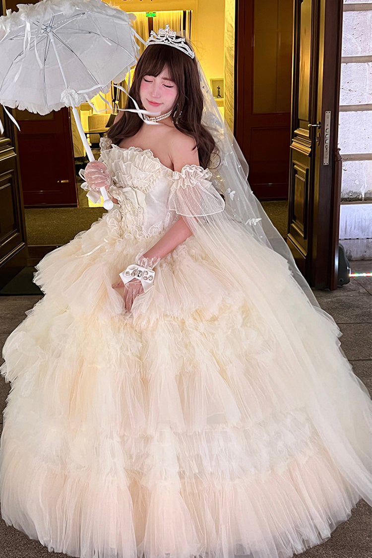 White Maiden's Love Off Shoulder Triple-Layered Ruffled Hanayome Bow Lace Sweet Princess Lolita Dress