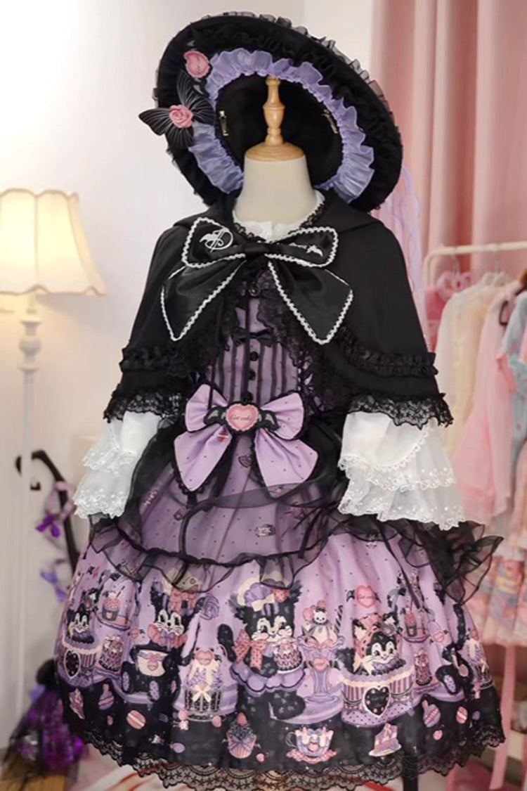 Purple Devil Cat Print Ruffle Bowknot Lace Gothic Lolita Jsk Dress (Plus Size Support)