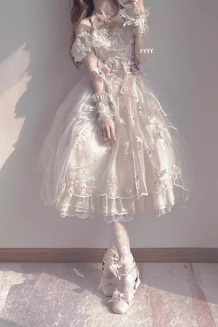 Ivory Short Sleeves Multi-layer Hanayome Bowknot Princess Gorgeous Sweet Lolita Strapless Dress Set