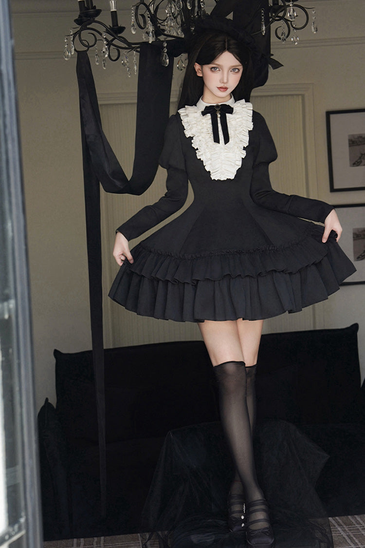 Black Miss Weir Stand Collar Long Sleeves Double-Layered Ruffle Gothic Lolita Dress
