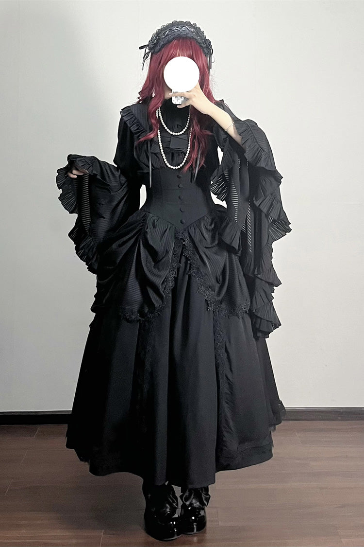 Black Sleepwalking Long Hime Sleeves Stitching Lace Plus Size Gothic Elegant Lolita Skirt Set