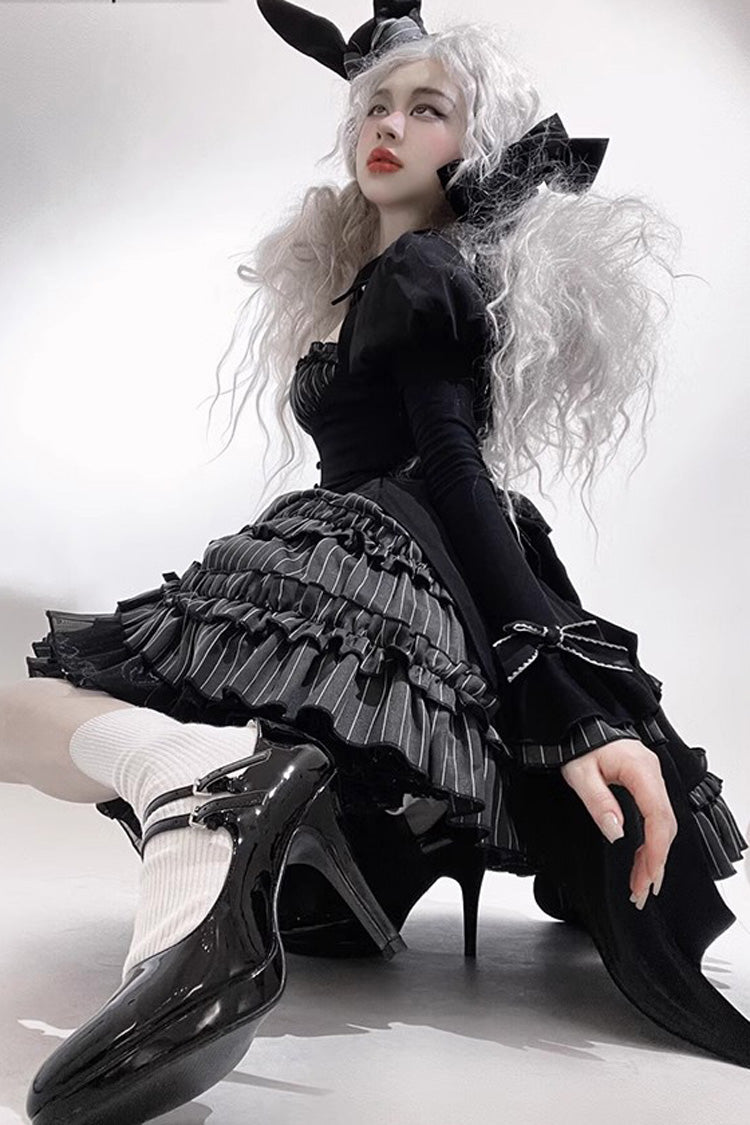 Black Duke of the Trap Rabbit Long Sleeves Stripe Print Ruffle Bowknot Lace Gothic Lolita Dress
