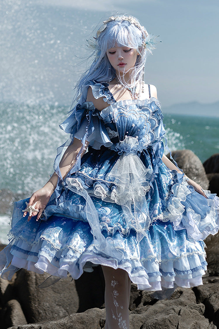 Blue Jellyfish Gradient Print Ruffle Embroidery Bowknot Lace Asymmetric Sweet Elegant Lolita Jsk Dress