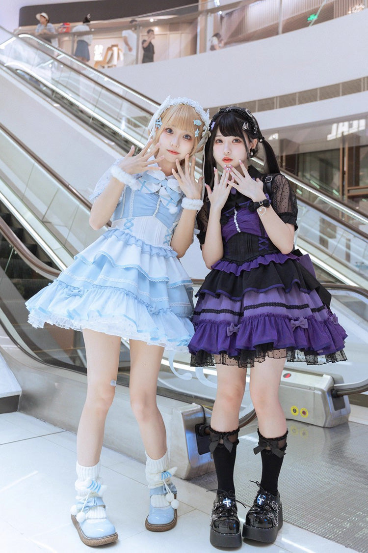 Blue/White Cotton Cloud Lapel Collar Ruffle Bowknot Lace-Up Sweet Lolita Jsk Dress