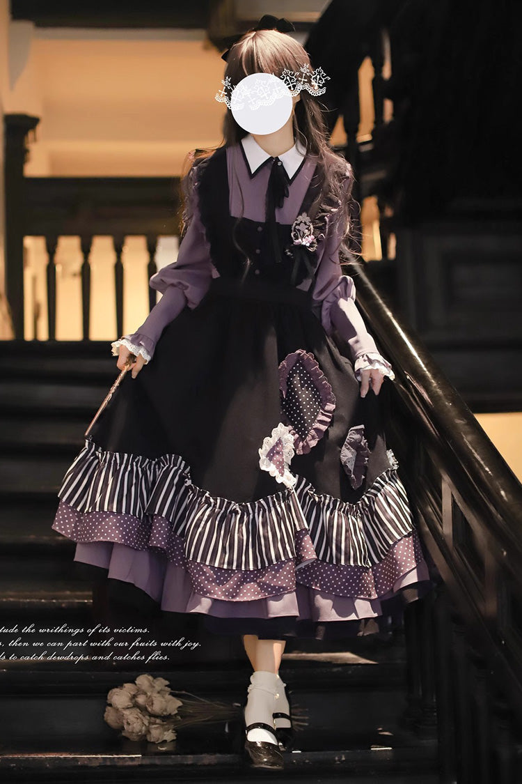 Black Witch Academy Double-Layered Stripe Print Ruffle Bowknot Irregular Sweet Lolita Jumper Dress