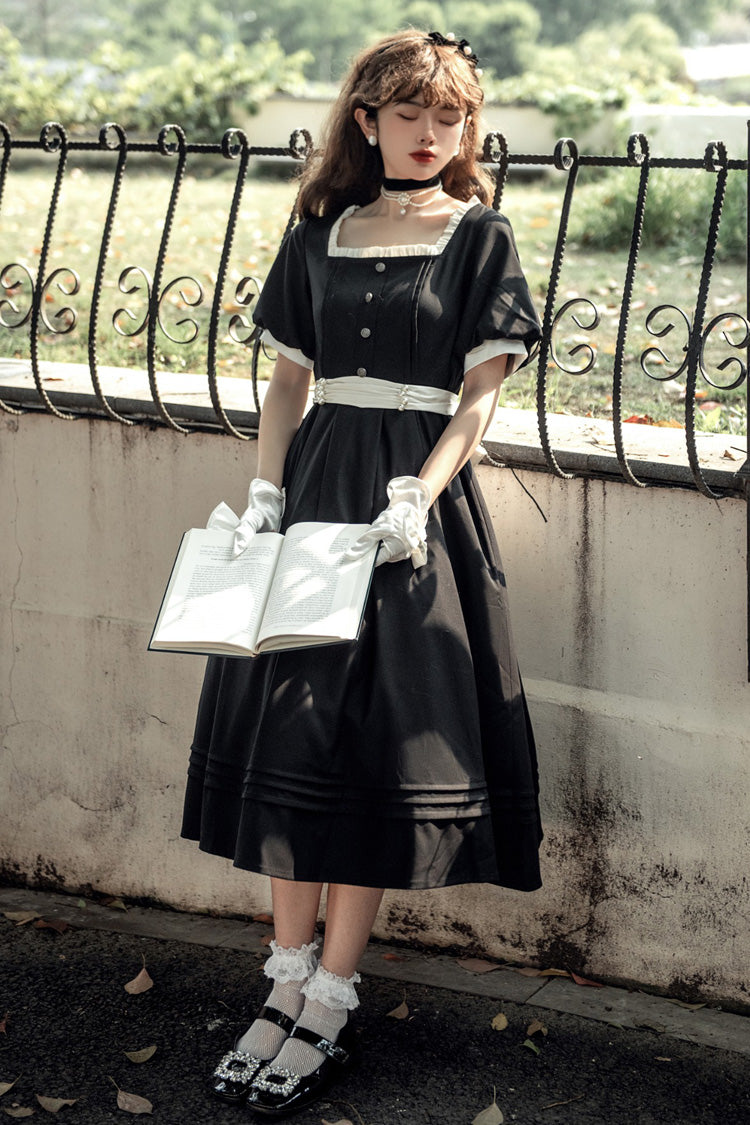 Black Random Thoughts Square Collar Short Sleeves Ruffle Classic Vintage Elegant Lolita Dress