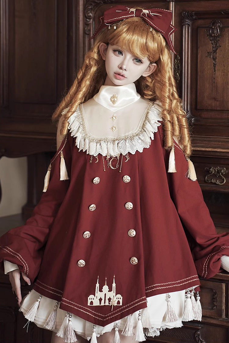 Red Starry Night Long Sleeves Ruffle Embroidery Sweet Princess Lolita Dress Full Set