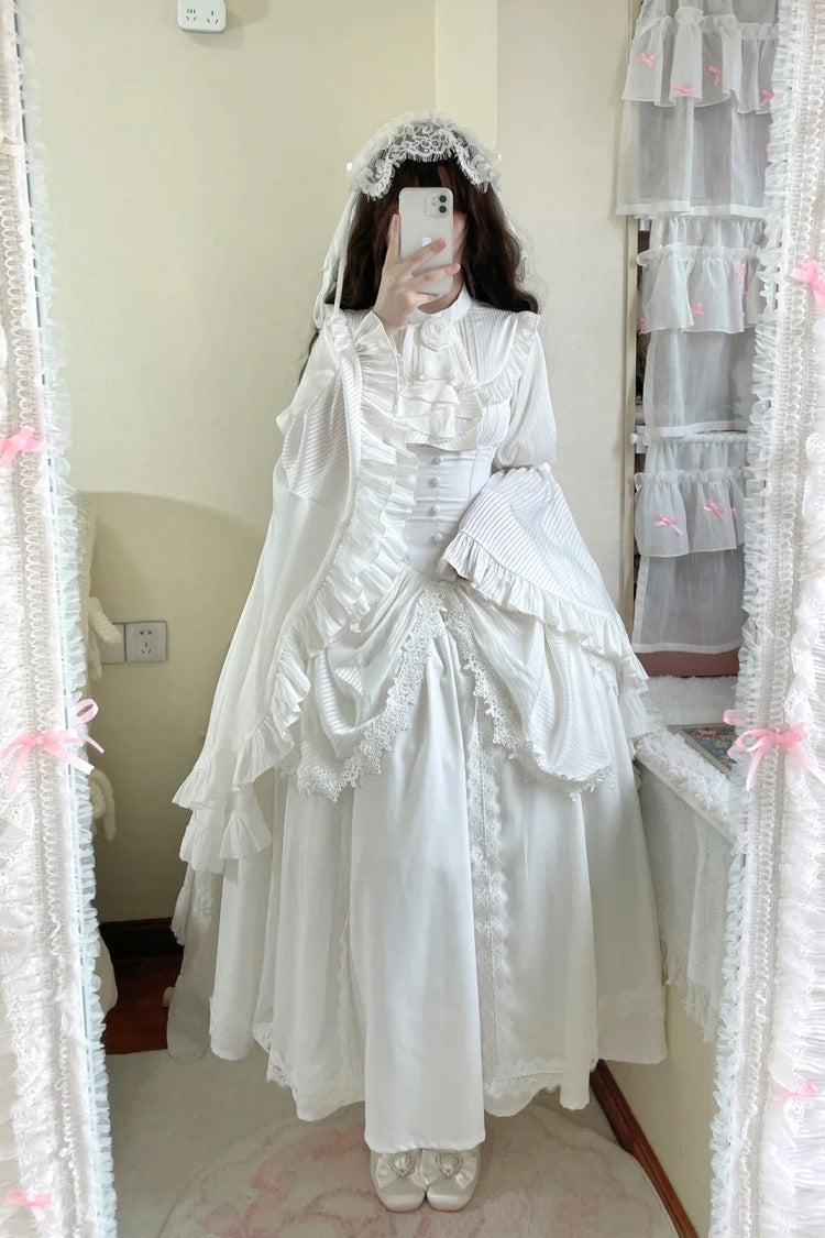 White Sleepwalking Long Hime Sleeves Stitching Lace Plus Size Gothic Elegant Lolita Skirt Set