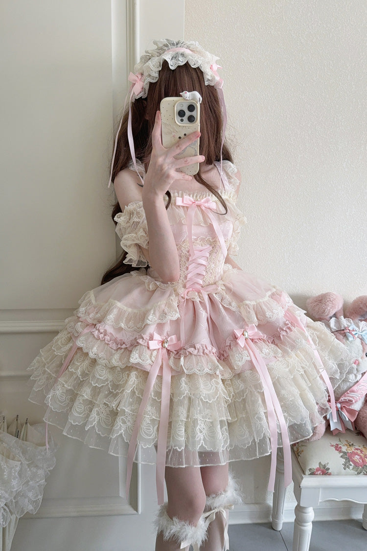 Pink Ribbon Heart Love Sleeveless Multi-Layered Ruffle Bowknot Lace Lace-Up Sweet Princess Ballet Lolita Jsk Dress