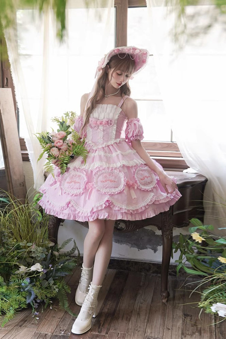 Pink Butterfly Dream Multi-Layered Print Ruffle Bowknot Sweet Princess Lolita Jsk Dress