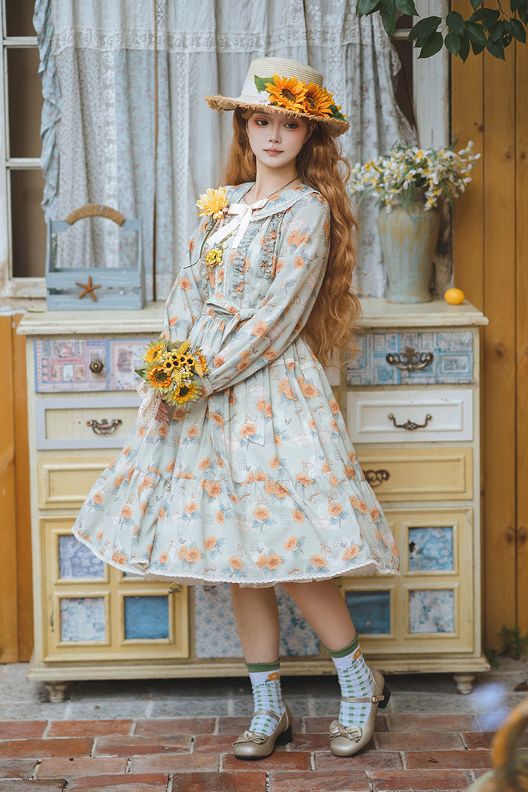 Green Gardening Sunflower Long Sleeves Print Ruffle Bowknot Sweet Elegant Lolita Dress