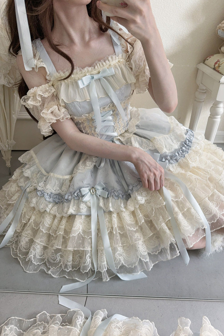 Blue Ribbon Heart Love Sleeveless Multi-Layered Ruffle Bowknot Lace Lace-Up Sweet Princess Ballet Lolita Jsk Dress