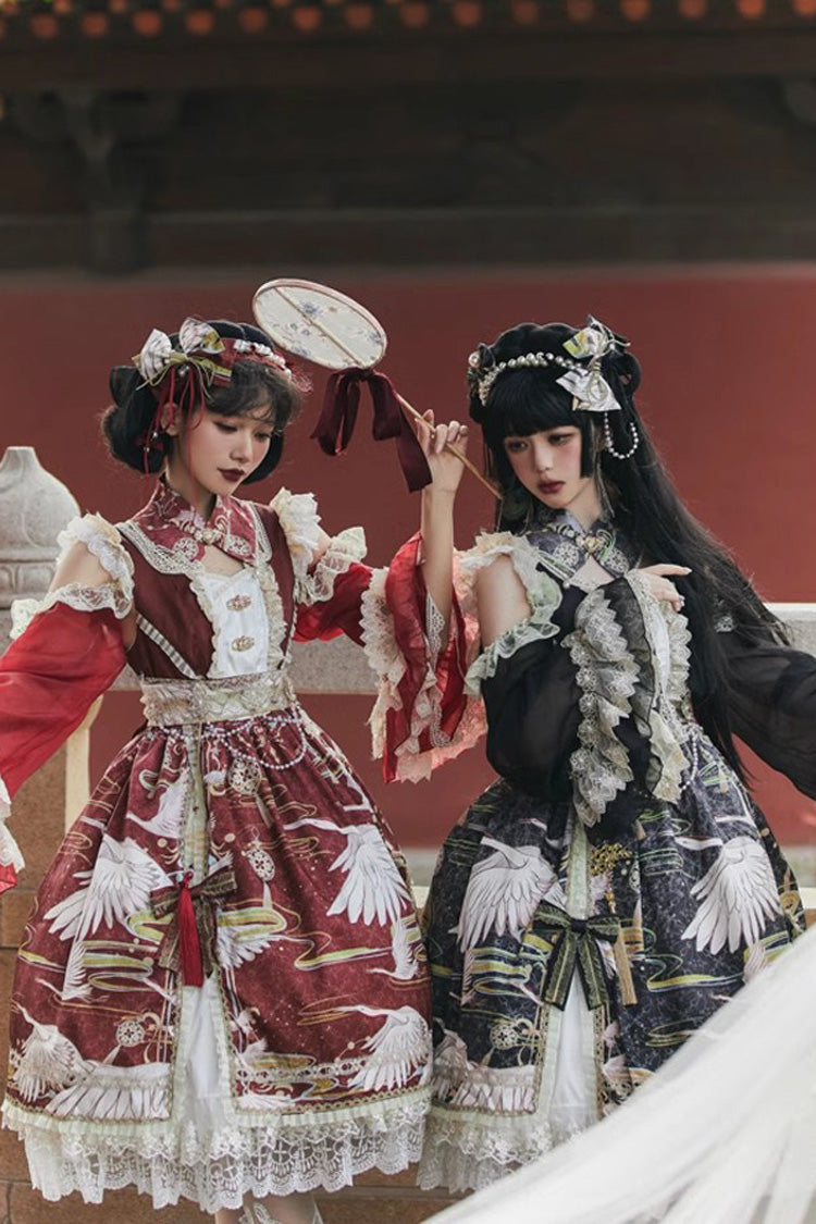 Chinese Style Long Sleeves Print Ruffle Lace Sweet Lolita Dress 3 Colors