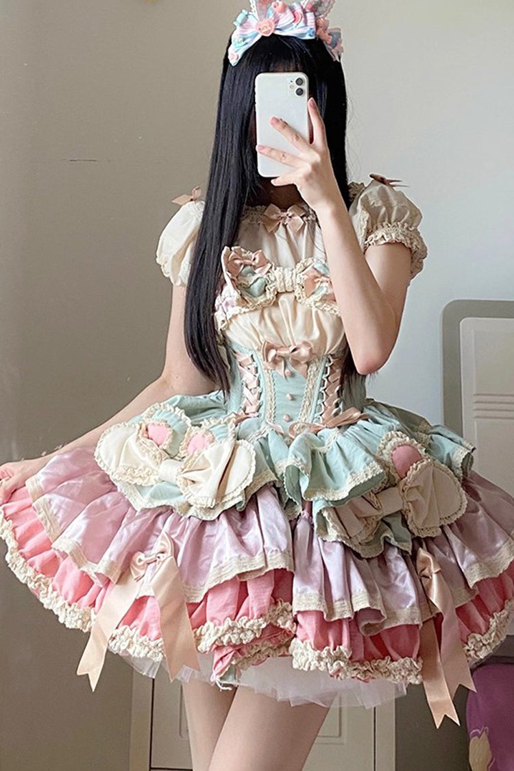 Ribbon Dance Multi-Layered Ruffle Bowknot Lace-Up Sweet Princess Lolita Dress 3 Colors