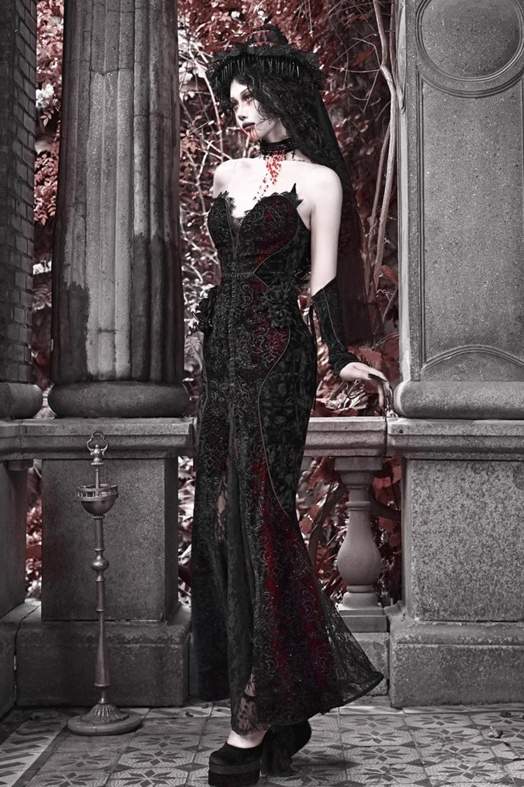 Black/Red Scarlet Blood Peak Sleeveless High Waisted Ruffle Embroidery Lace Gothic Lolita Fishtail Dress