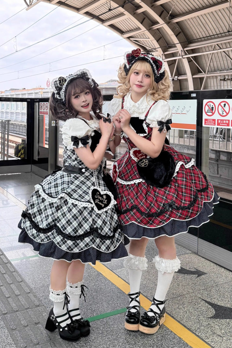 Red Shibuya Sweetheart Sleeveless Plaid Print Ruffle Bowknot Sweet Lolita Jsk Dress (Plus Size Support)