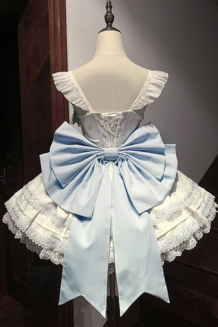 Blue First Love Rose Multi-Layered Print Ruffle Bowknot Lace Sweet Lolita Jsk Dress Set