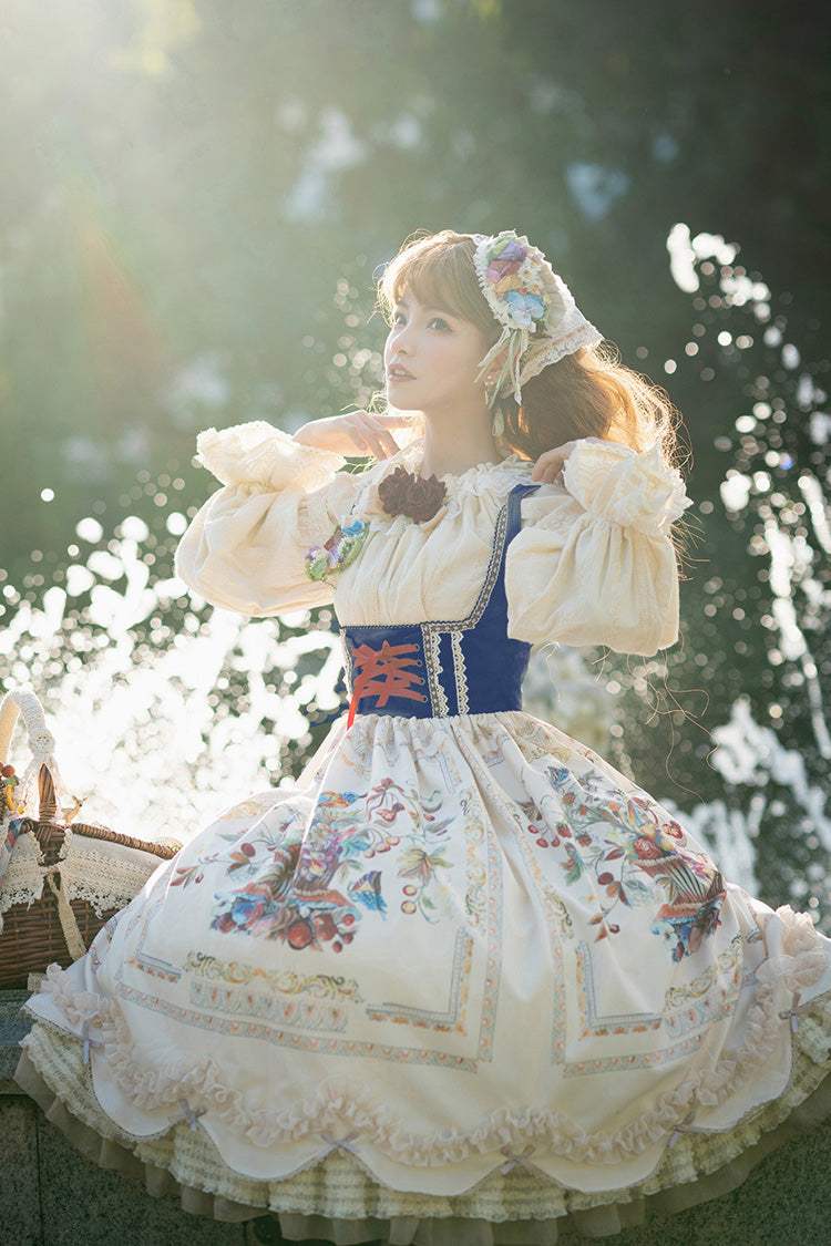 Ivory Ode to Plenty Berries and Birds Print Ruffle Bowknot Velvet Classic Lolita Breast Support Jsk Dress