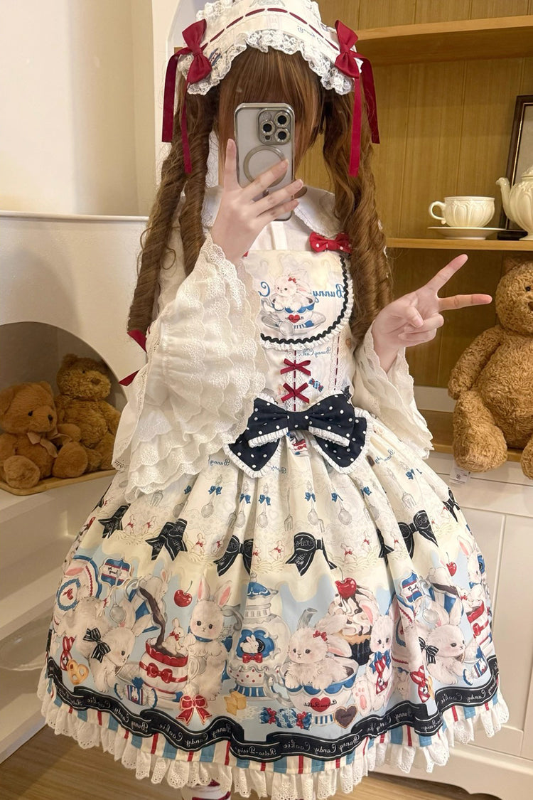 Beige Mystery Rabbit Tea Party Sleeveless Print Ruffle Bowknot Lace Sweet Lolita Jsk Dress
