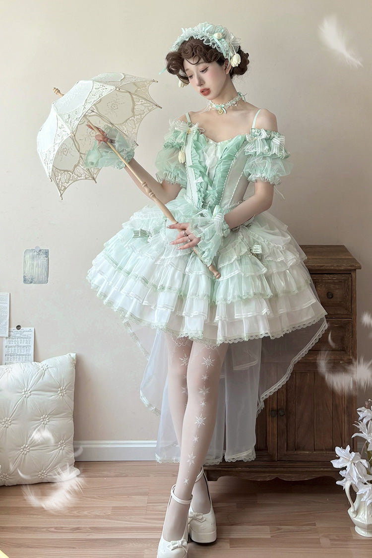 Green Tulip and Wind Chime Multi-Layered Ruffle Bowknot Lace Sweet Gorgeous Lolita Jsk Dress