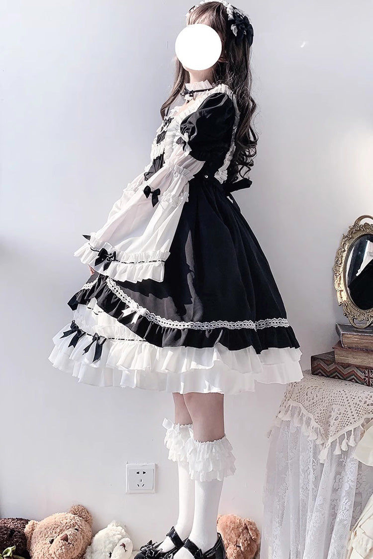 White/Black Hime Sleeves Multi-layer Ruffle Cardigan Bowknot Gothic Princess Lolita Dress