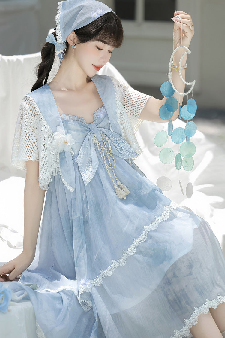 Blue Clouds Resting in the Wilderness Print Ruffle Embroidery Bowknot Lace Irregular Lolita Jsk Dress