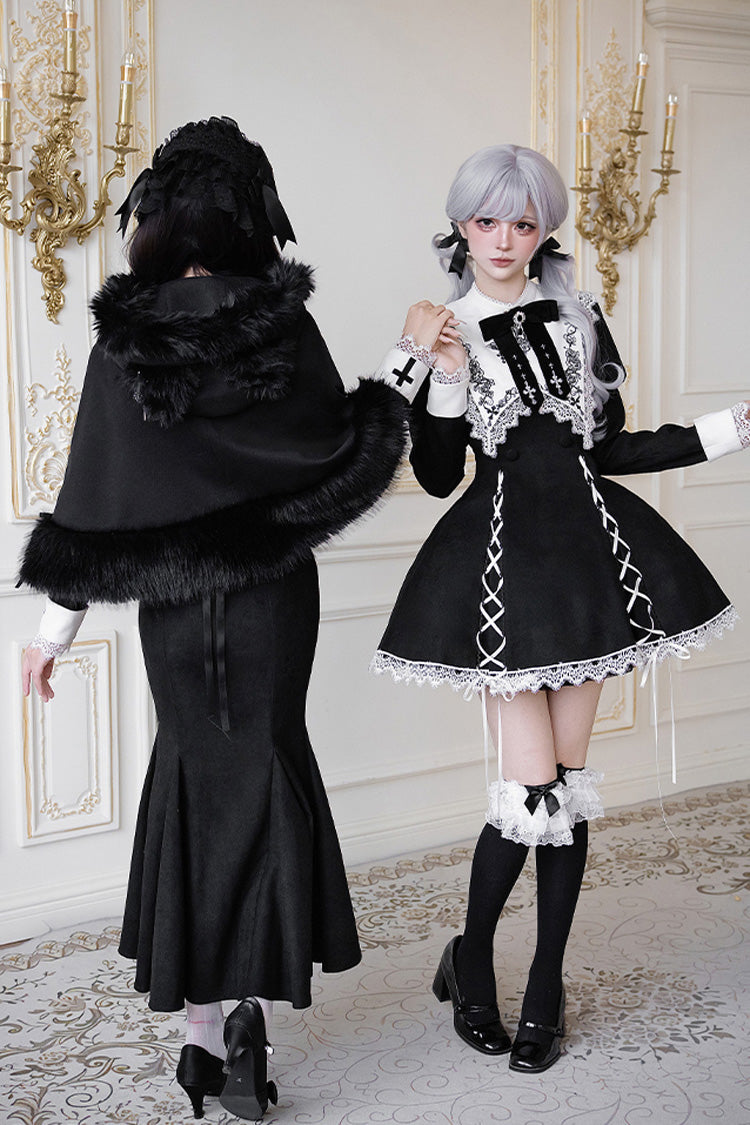 Black/White Rose Doll Square Collar Long Sleeves Bowknot Lace-Up Gothic Lolita Dress Set 2 Versions