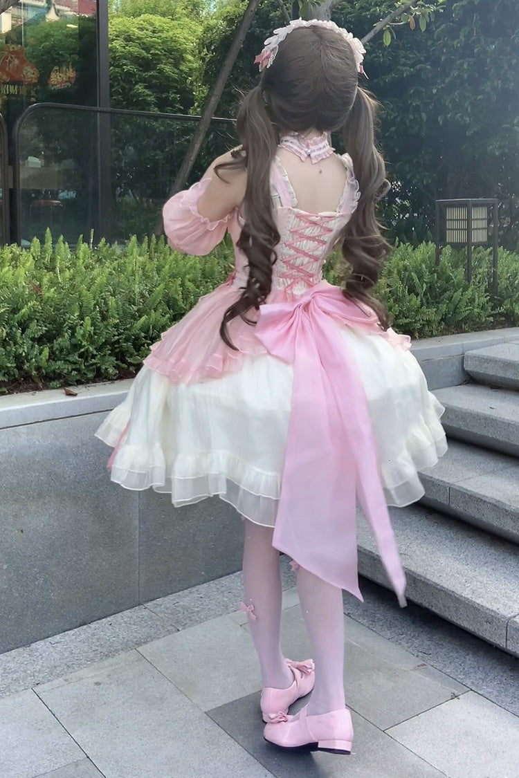 White/Pink Sweet Sakura Bow Sleeveless Double-Layered Ruffled Bow Sweet Princess Lolita Jsk Dress
