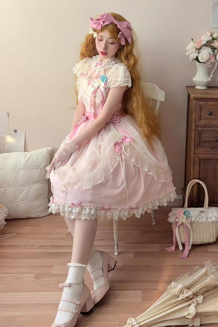 Pink Sakura's Spring Resonance Sleeveless Ruffled Bow Sweet Lolita Jsk Dress (Short Version)